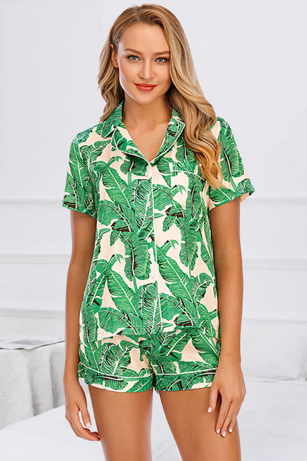 Printed Button Up Short Sleeve Top and Shorts Lounge Set, 10 Colors