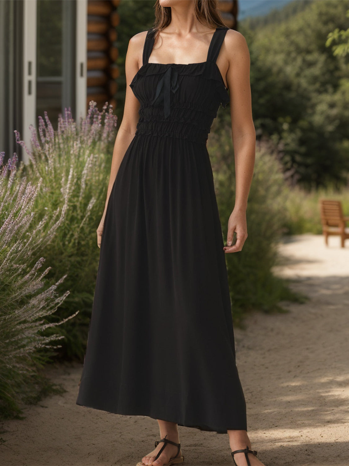 Frill Square Neck Wide Strap Dress, 2 Colors