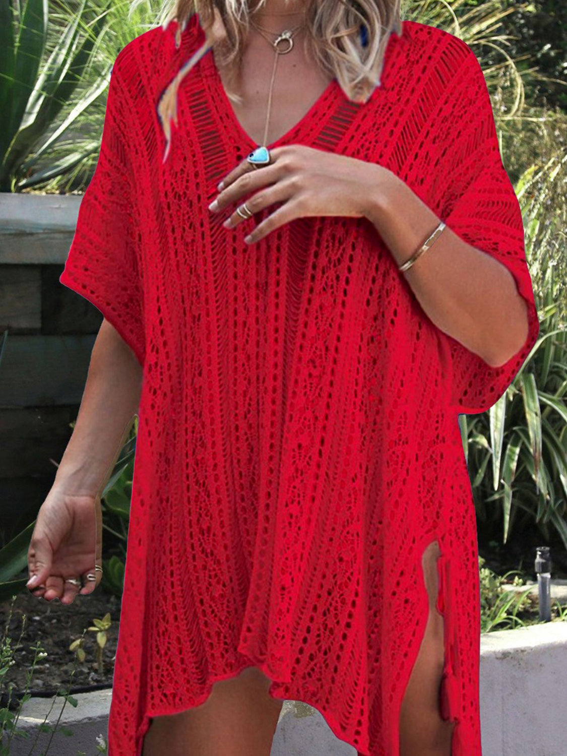 Angel Wings Cutout V-Neck Cover-Up with Tassel, 12 Colors