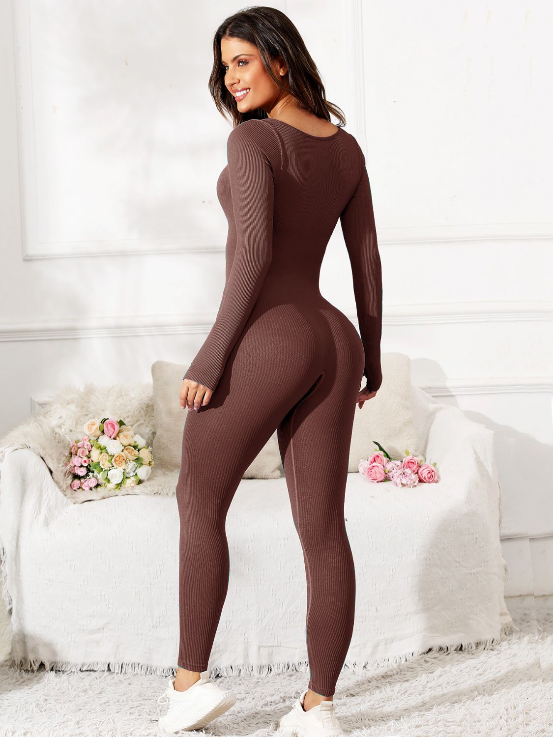 Scoop Neck Long Sleeve Active Jumpsuit, 5 Colors
