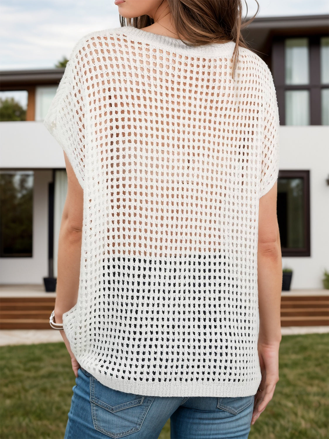 Openwork Round Neck Short Sleeve Cover-Up, 2 Colors