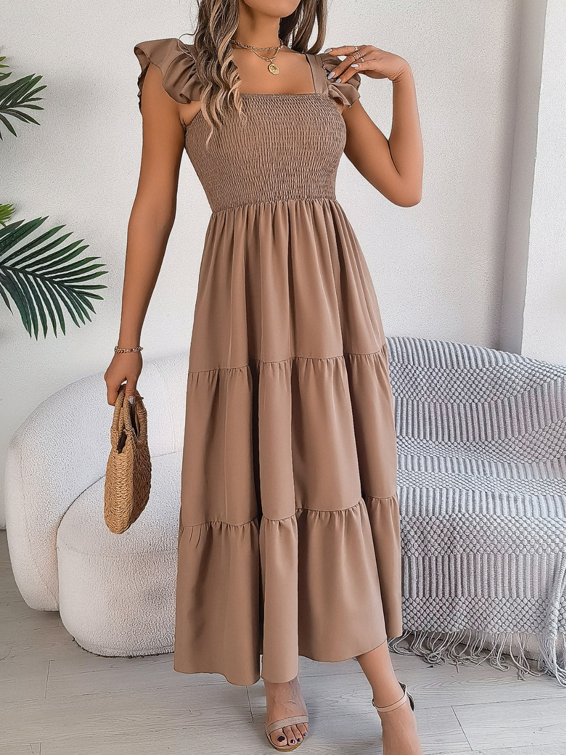 Smocked Square Neck Cap Sleeve Midi Dress, 5 Colors