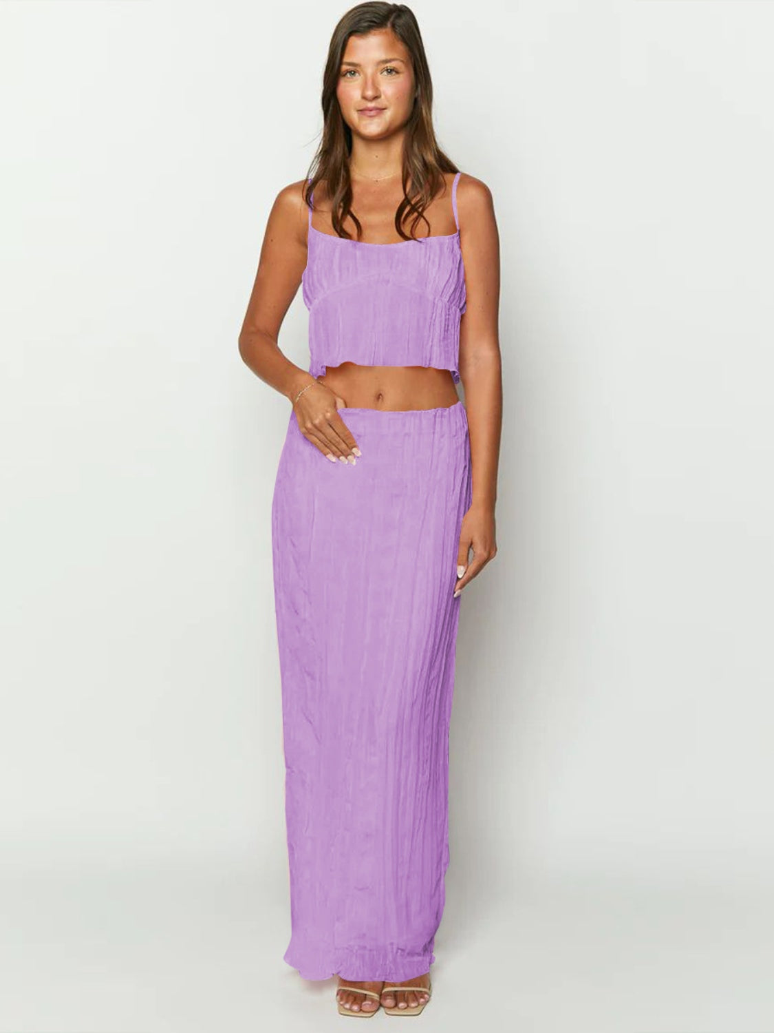 Square Neck Sleeveless Top and Ruched Skirt Set, 6 Colors