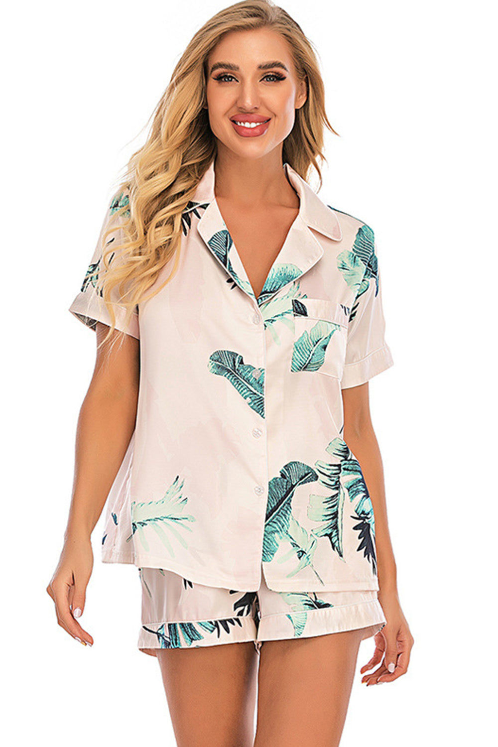 Printed Button Up Short Sleeve Top and Shorts Lounge Set, 10 Colors