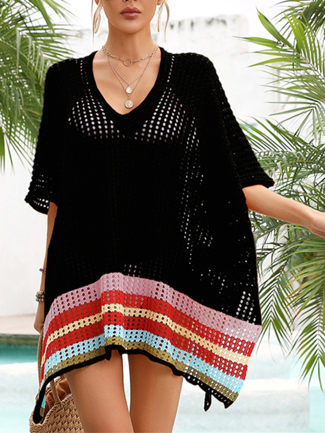 Slit Openwork V-Neck Half Sleeve Cover-Up , 4 Colors