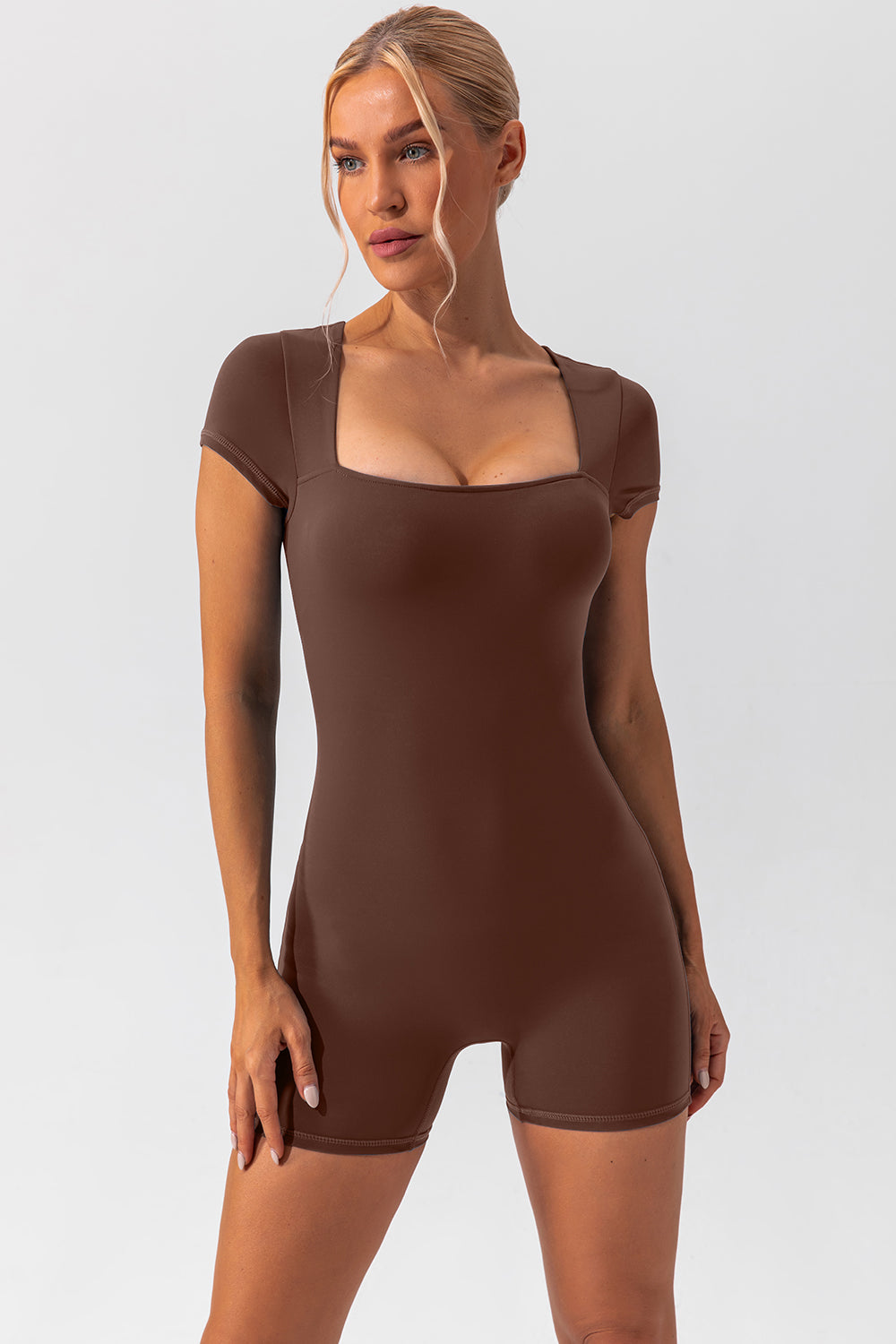 Square Neck Cap Sleeve Active Romper, 5 Colors