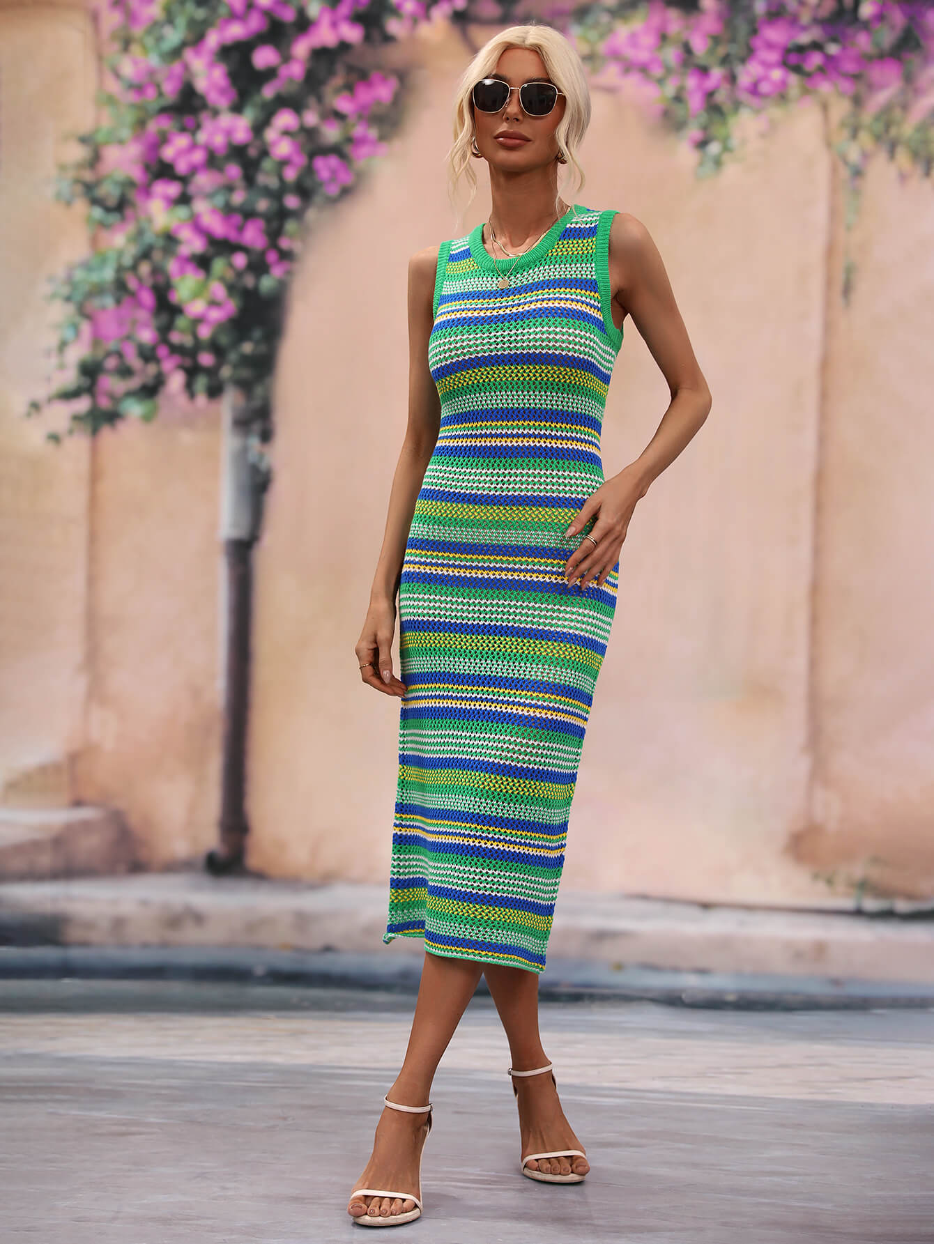 Striped Round Neck Sleeveless Midi Cover Up Dress, 4 Colors