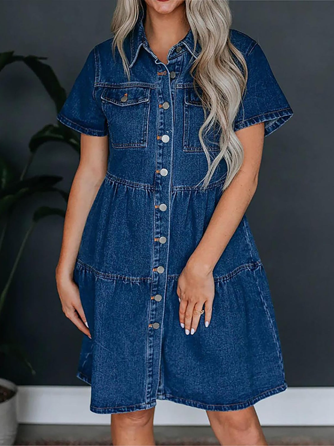 Pocketed Button Up Collared Neck Short Sleeve Denim Dress, 2 Colors
