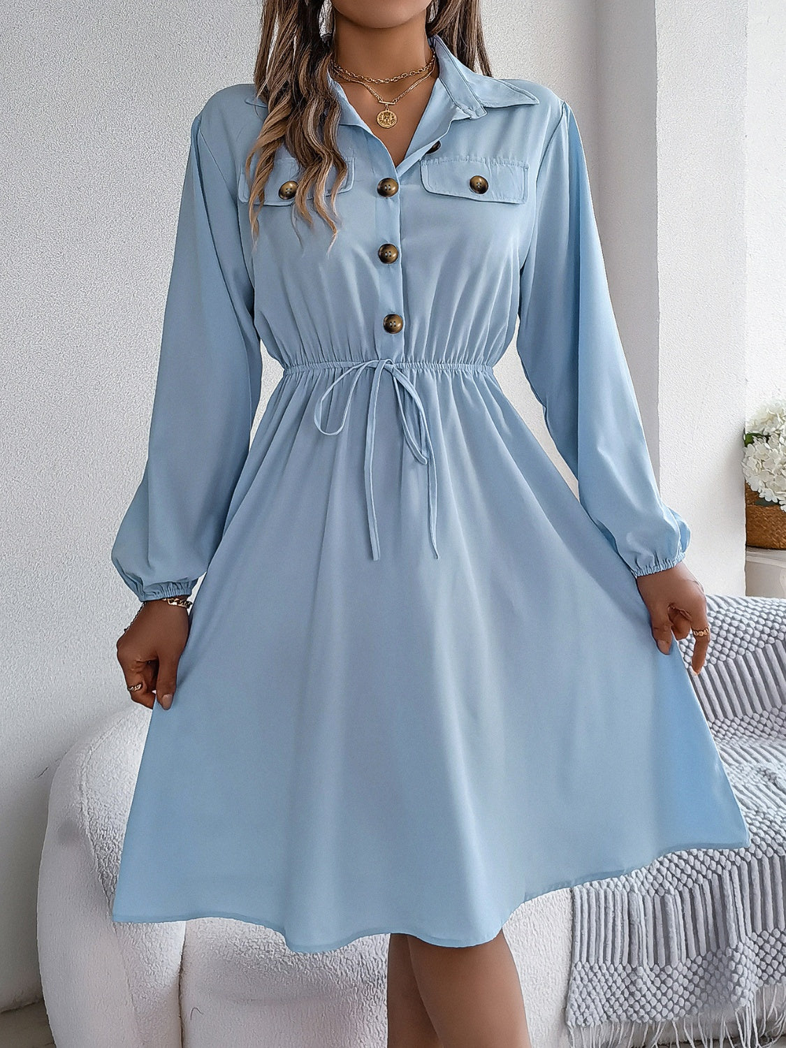 Collared Neck Long Sleeve Dress with Pockets, 5 Colors
