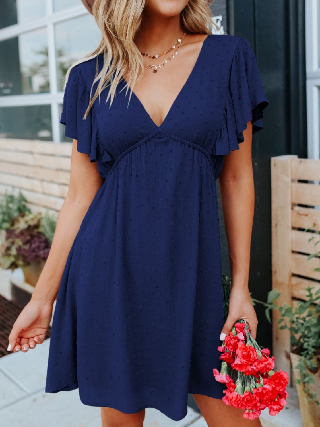 Swiss Dot V-Neck Short Sleeve Dress, 2 Colors
