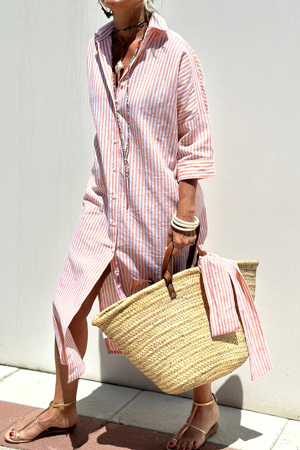 Tied Button Up Three-Quarter Sleeve Dress, 5 Colors
