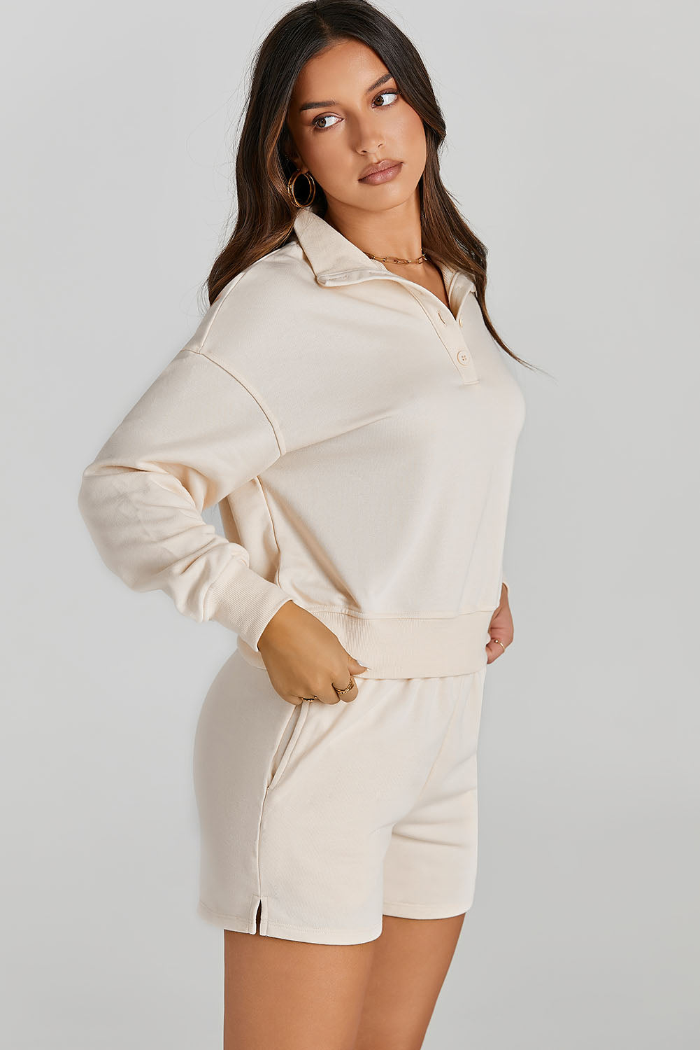 Half Button Sweatshirt and Shorts Active Set, 5 Colors