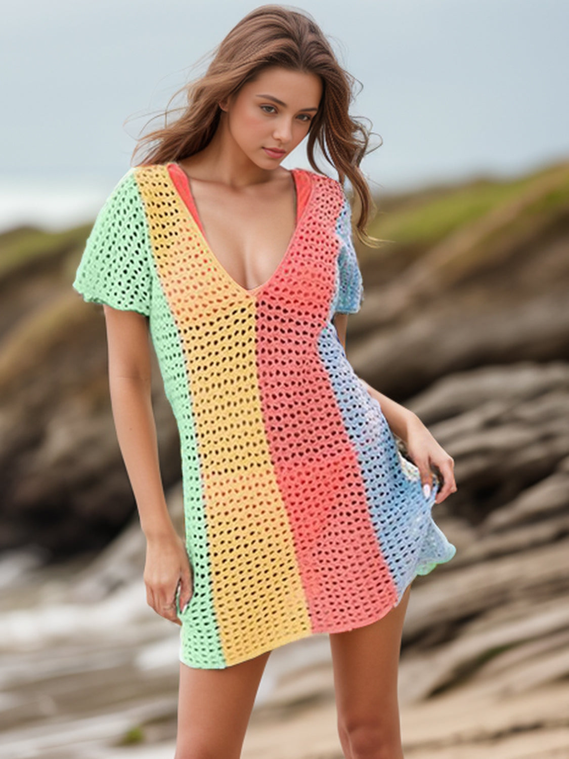 Openwork Color Block V-Neck Short Sleeve Cover-Up, 2 Colors