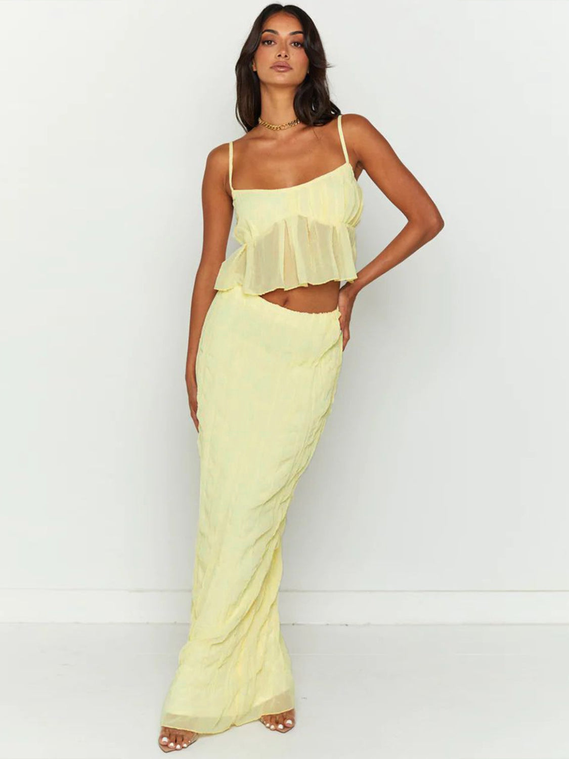 Square Neck Sleeveless Top and Ruched Skirt Set, 6 Colors
