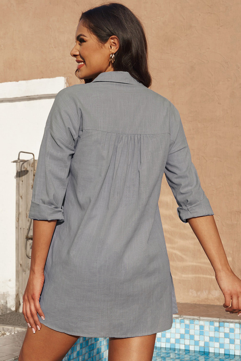 Button-Up Longline Shirt with Breast Pockets, 3 Colors