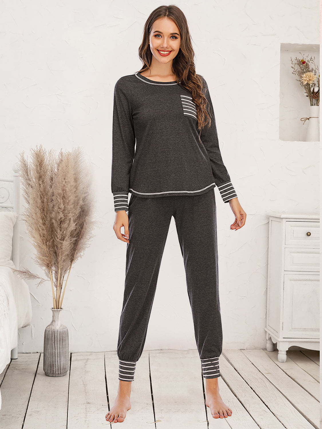 Round Neck Top and Pants Lounge Set, 3 Colors