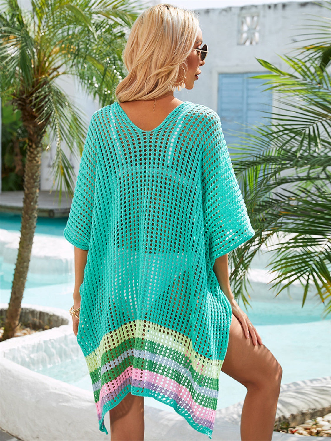 Slit Openwork V-Neck Half Sleeve Cover-Up , 4 Colors