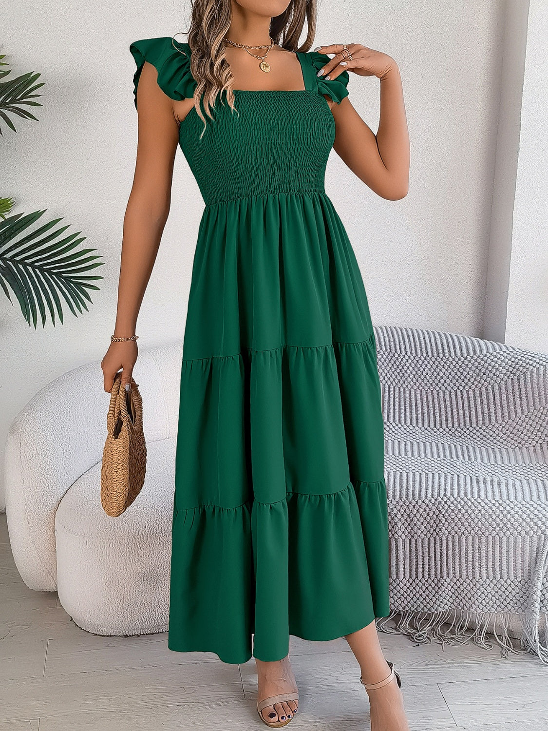 Smocked Square Neck Cap Sleeve Midi Dress, 5 Colors