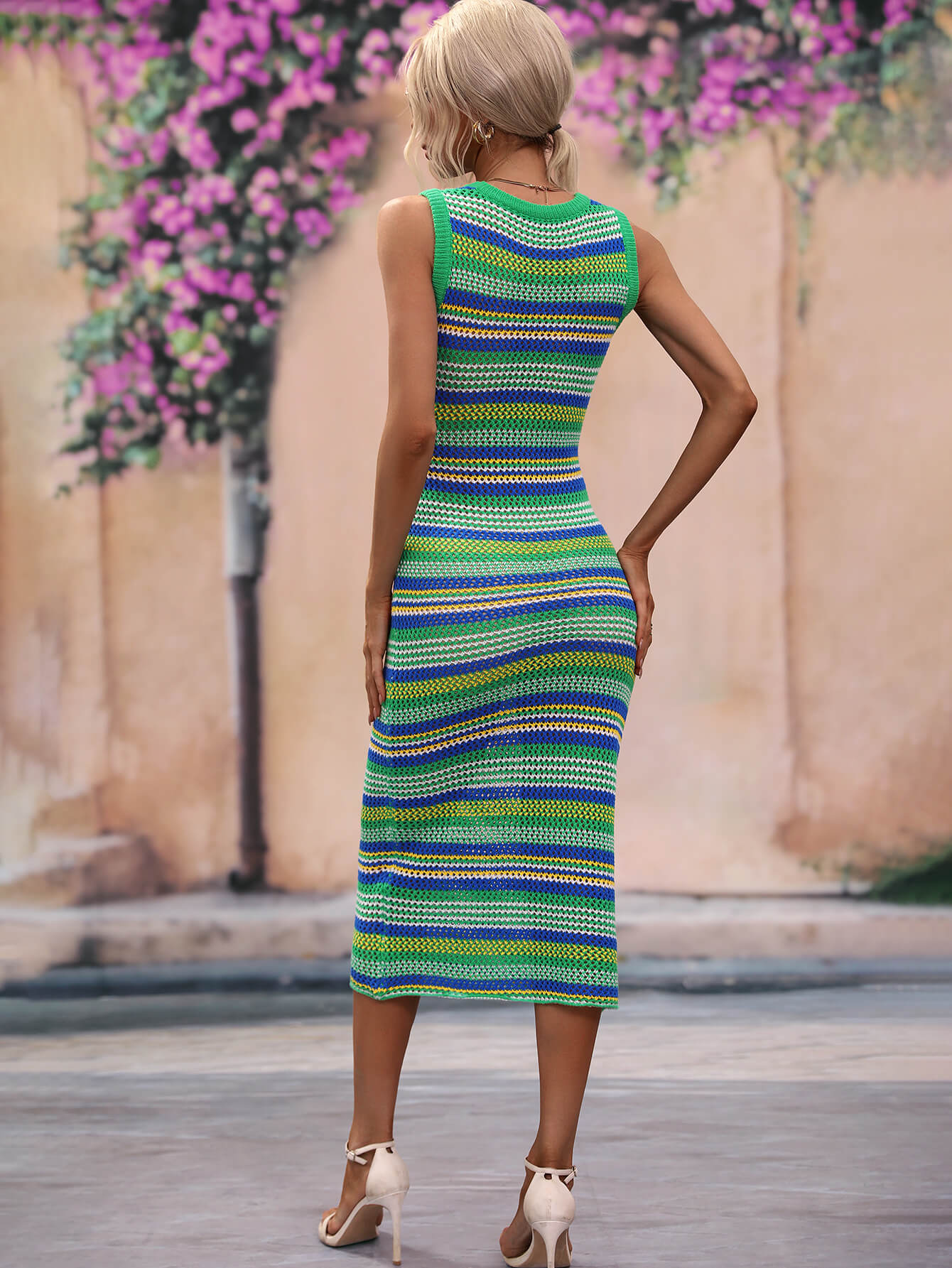 Striped Round Neck Sleeveless Midi Cover Up Dress, 4 Colors