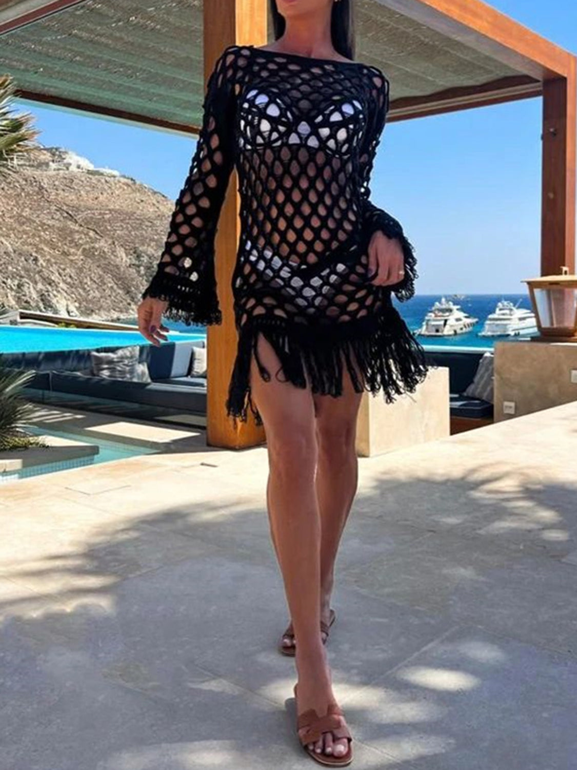 Fringe Cutout Long Sleeve Cover Up, 3 Colors