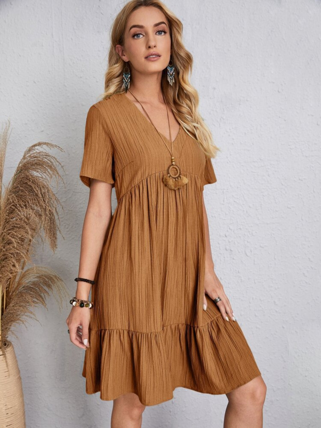 Full Size V-Neck Short Sleeve Dress, 6 Colors