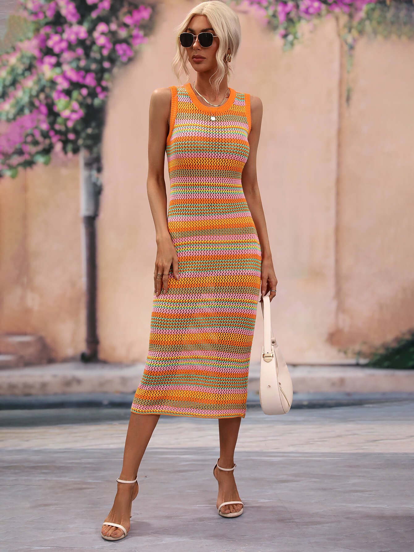 Striped Round Neck Sleeveless Midi Cover Up Dress, 4 Colors