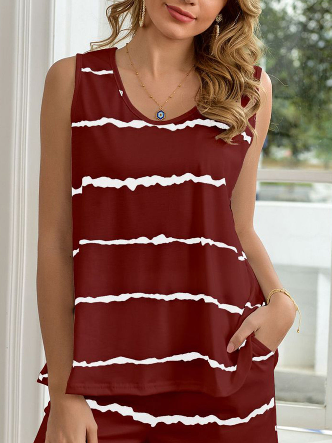 Striped Round Neck Tank and Shorts Lounge Set, 4 Colors