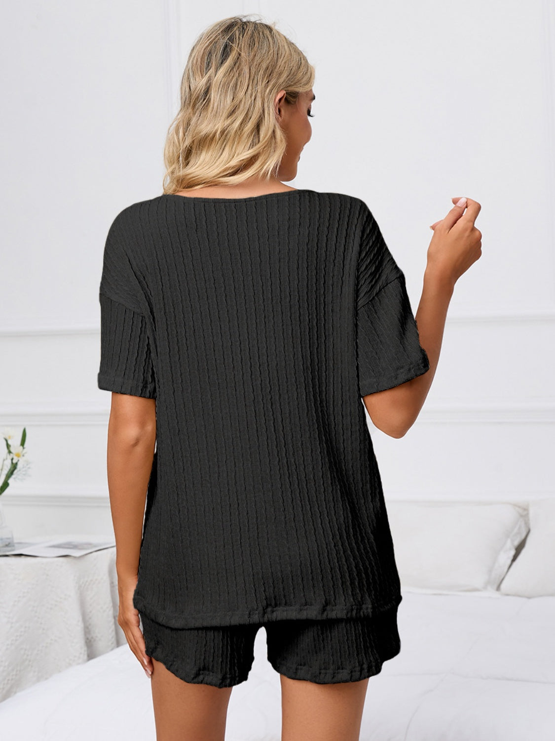 Notched Short Sleeve and Shorts Lounge Set, 4 Colors