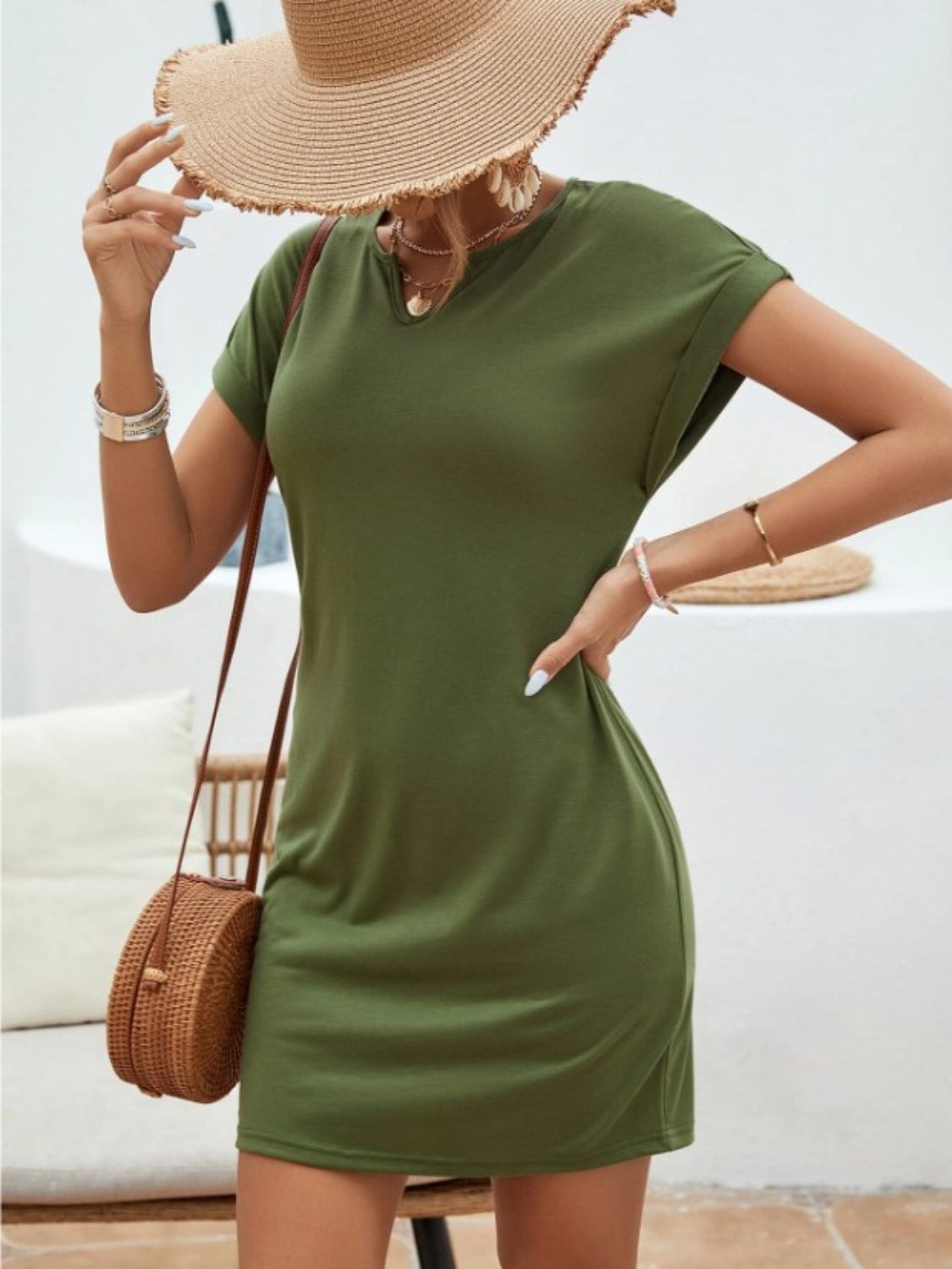Notched Short Sleeve Mini Tee Dress, 5 Colors