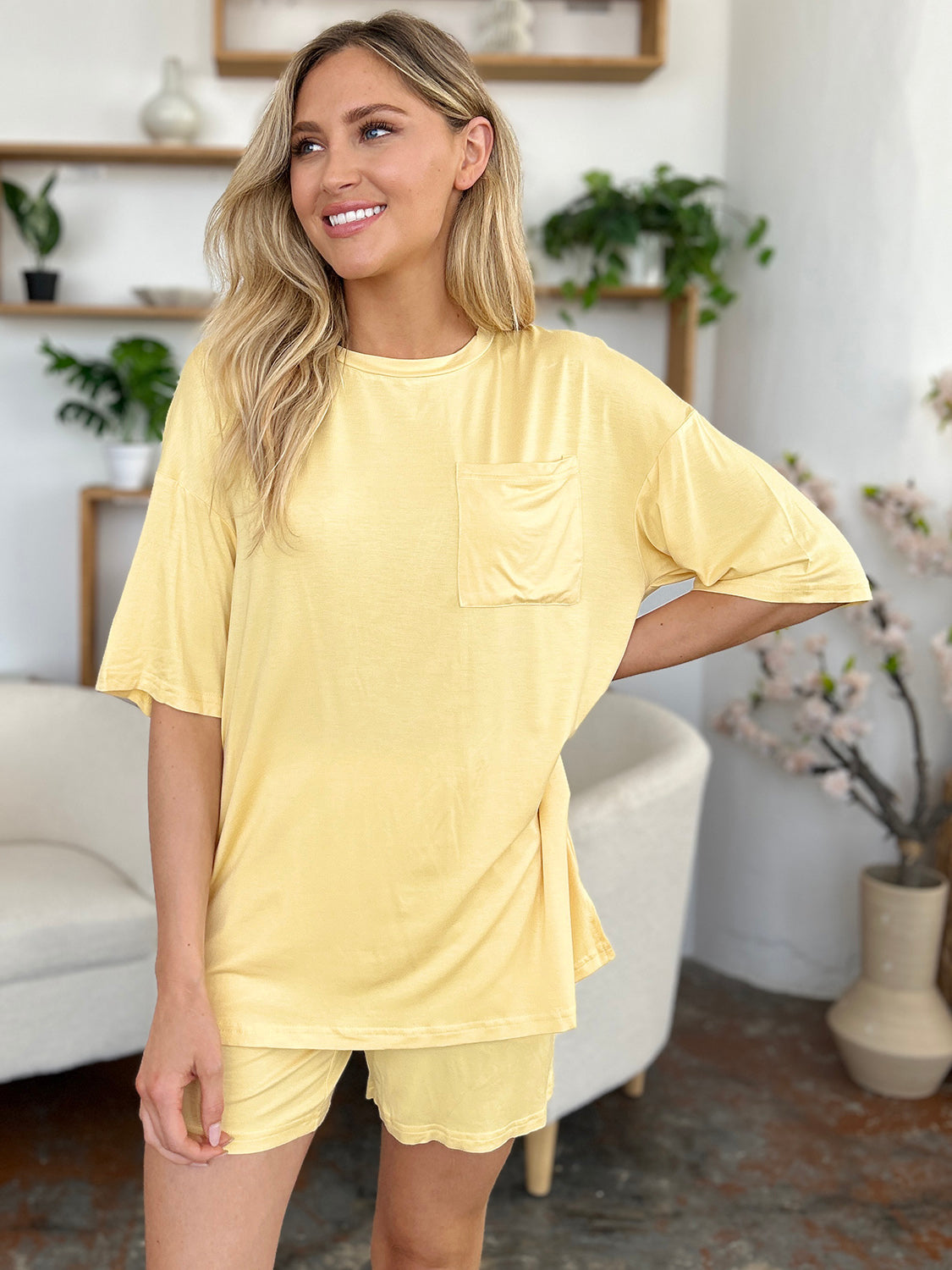 Basic Bae Bamboo Full Size Round Neck Drop Shoulder T-Shirt and Shorts Set, 4 Colors