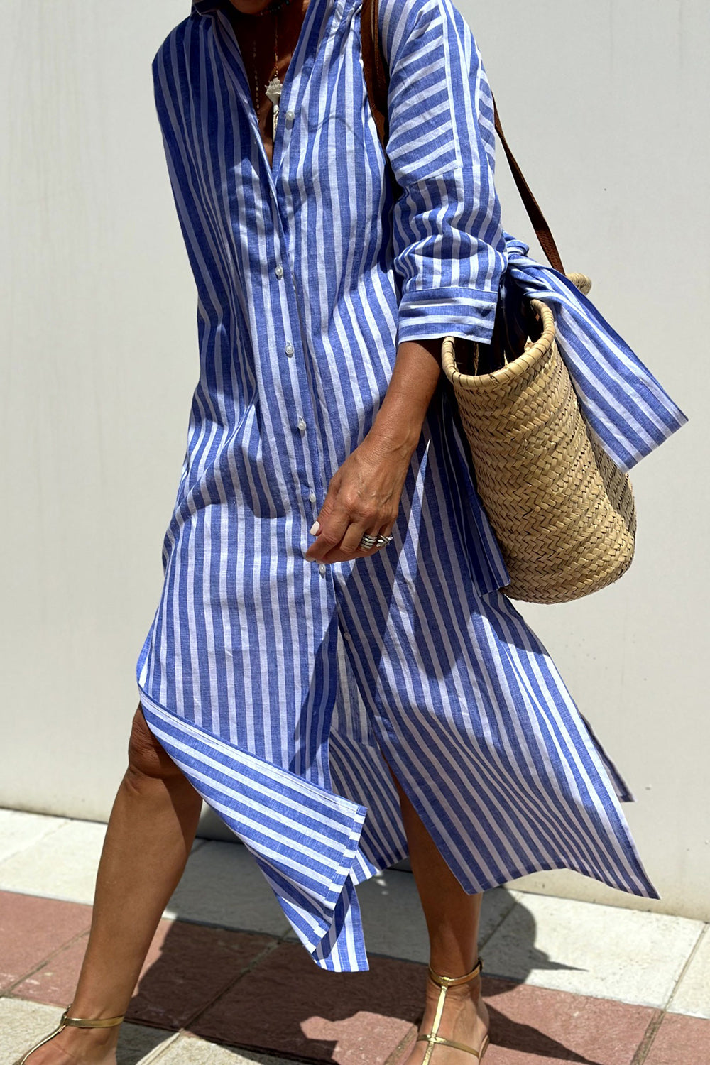 Tied Button Up Three-Quarter Sleeve Dress, 5 Colors