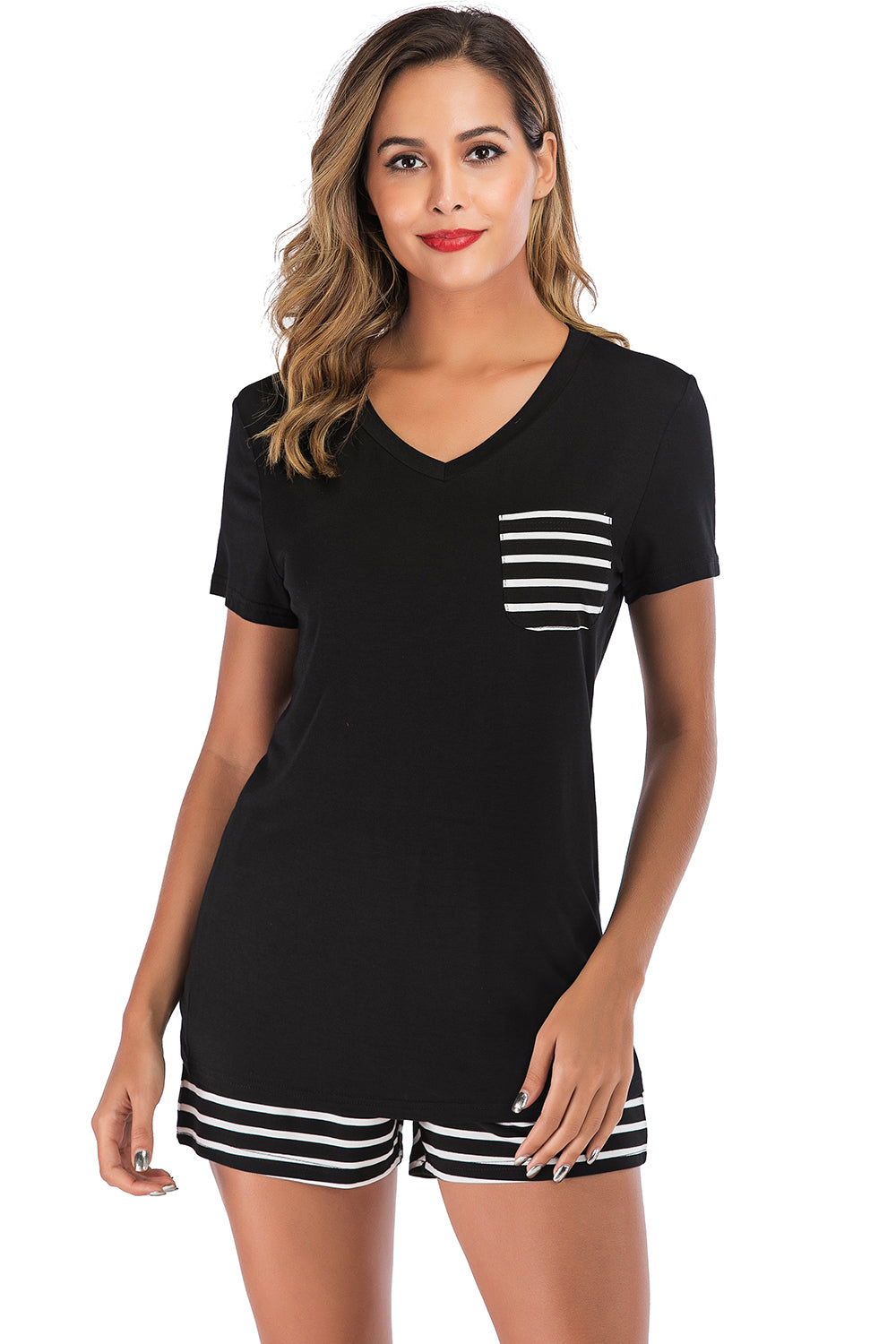 Striped Short Sleeve Top and Shorts Lounge Set, 7 Colors