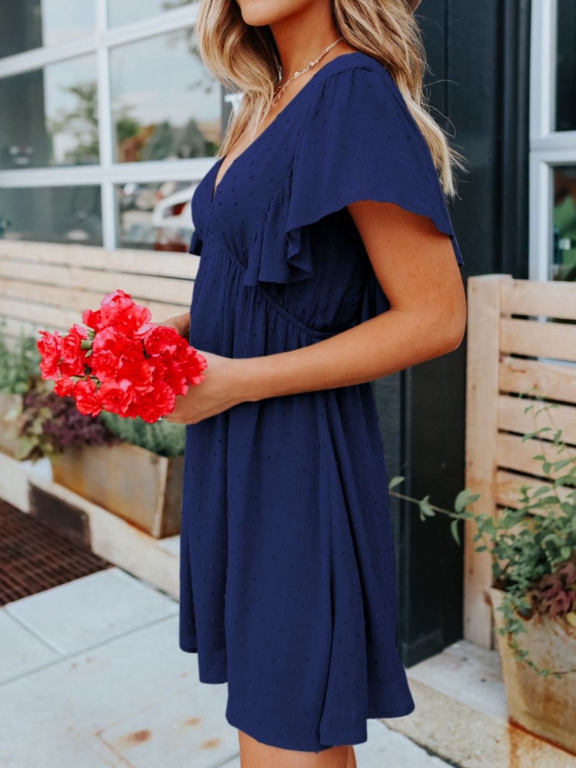 Swiss Dot V-Neck Short Sleeve Dress, 2 Colors