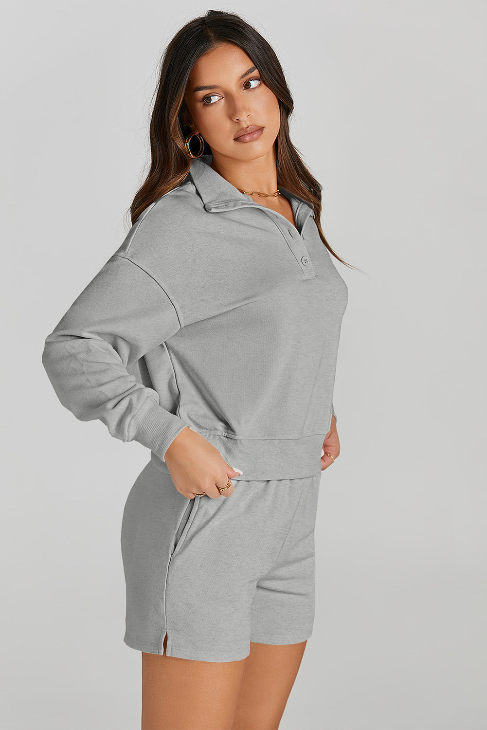 Half Button Sweatshirt and Shorts Active Set, 5 Colors
