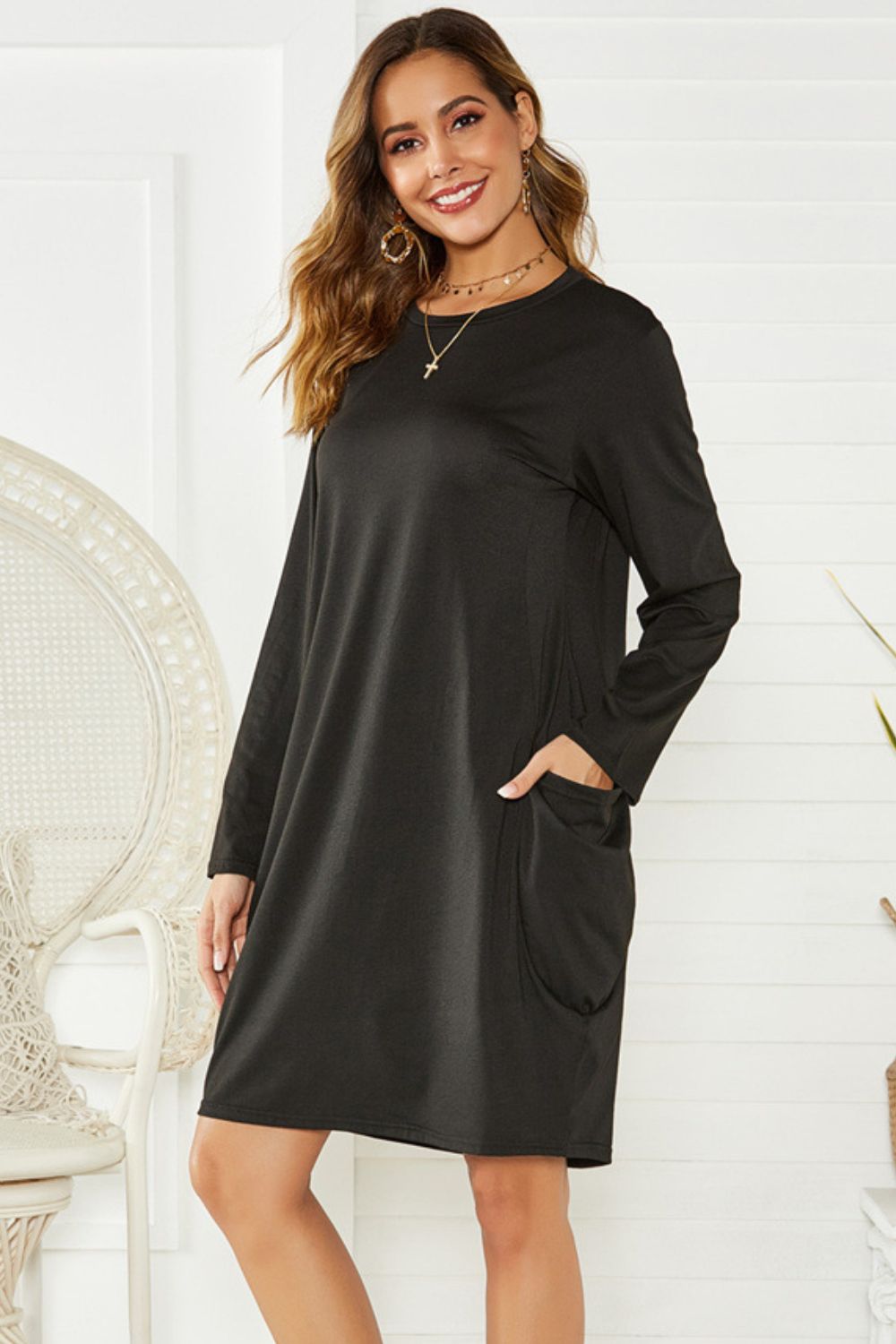 Pocketed Round Neck Long Sleeve Dress, 2 Colors