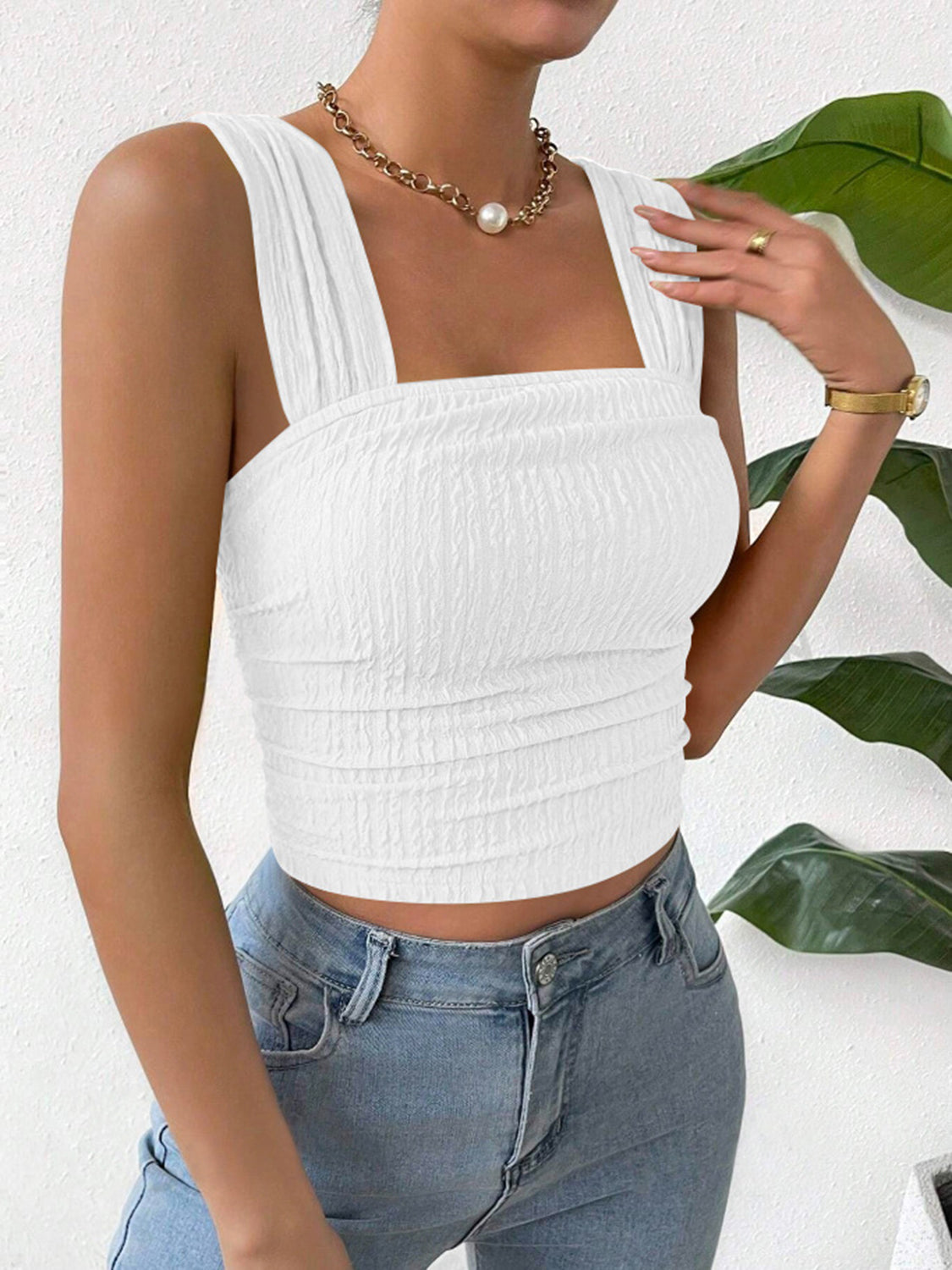 Textured Square Neck Wide Strap Tank , 10 Colors