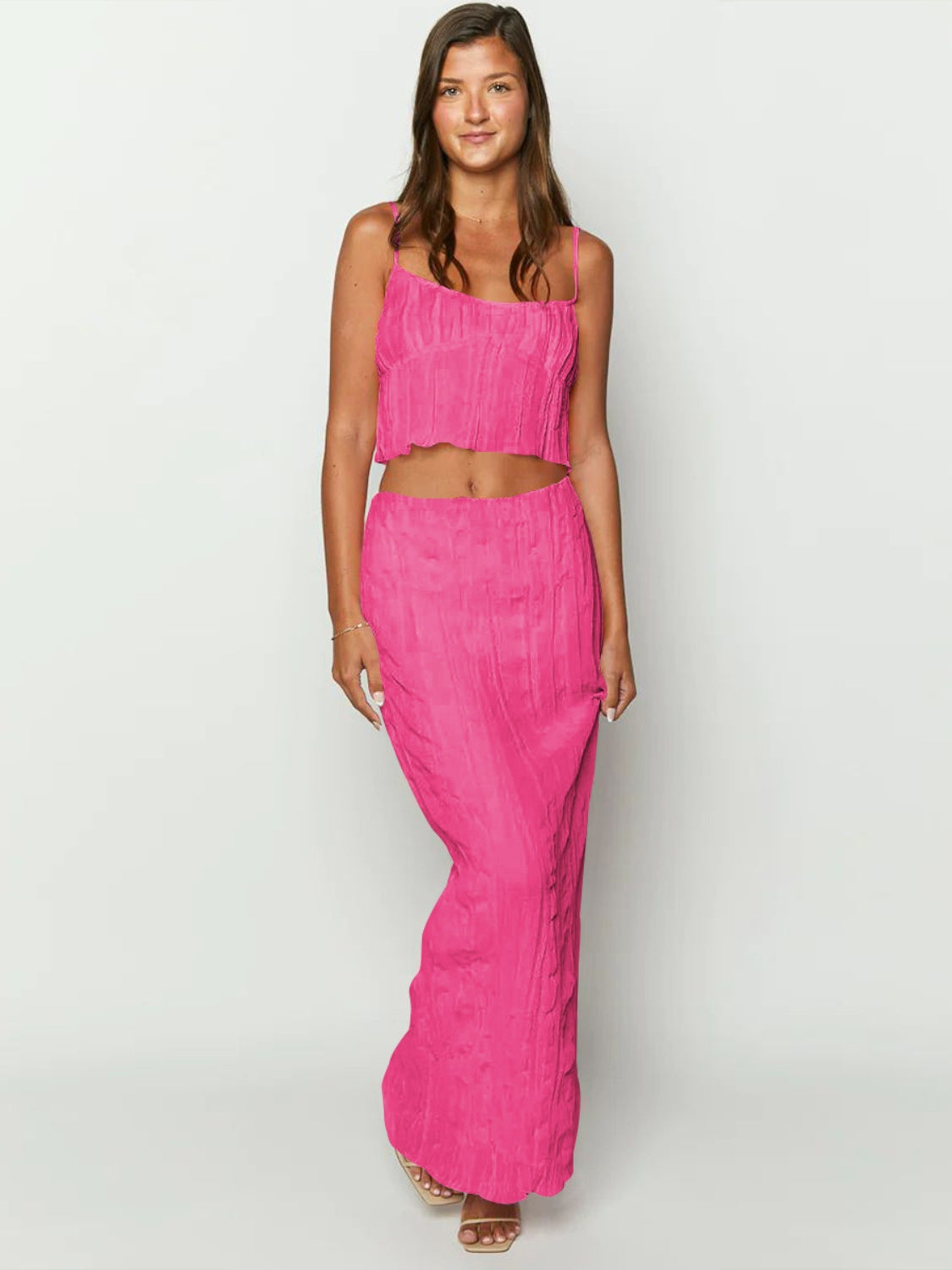 Square Neck Sleeveless Top and Ruched Skirt Set, 6 Colors