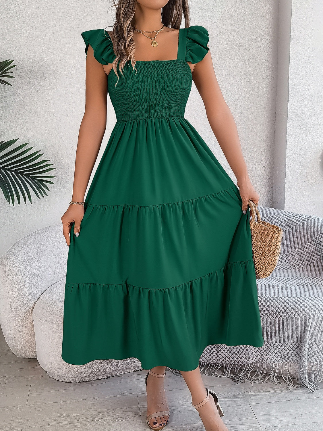 Smocked Square Neck Cap Sleeve Midi Dress, 5 Colors