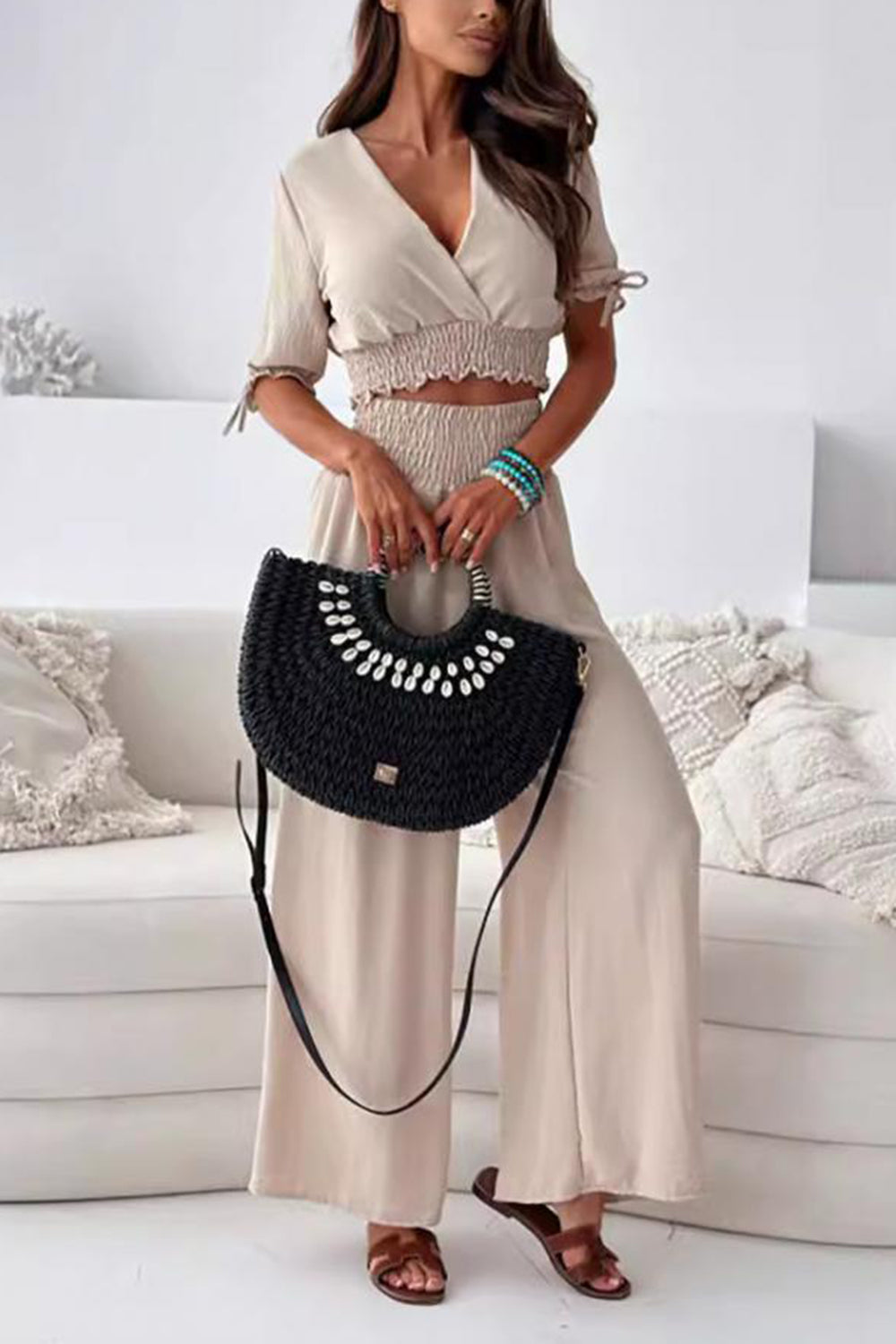 Surplice Short Sleeve Top and Pants Set, 4 Colors