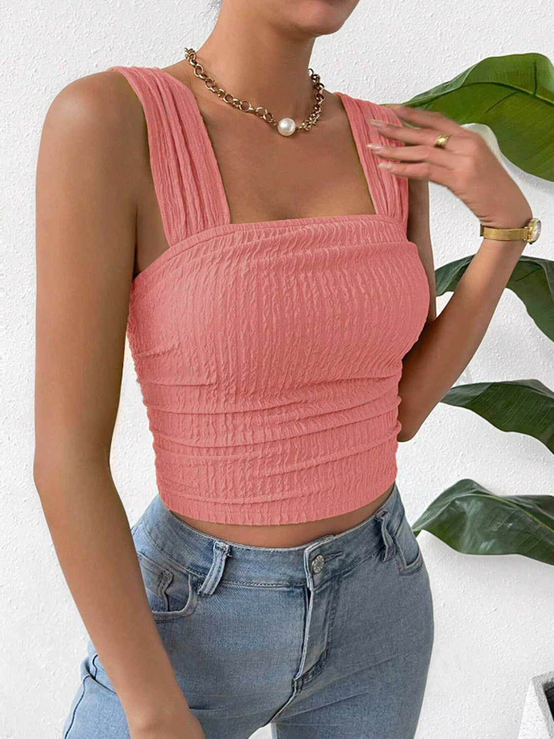 Textured Square Neck Wide Strap Tank , 10 Colors