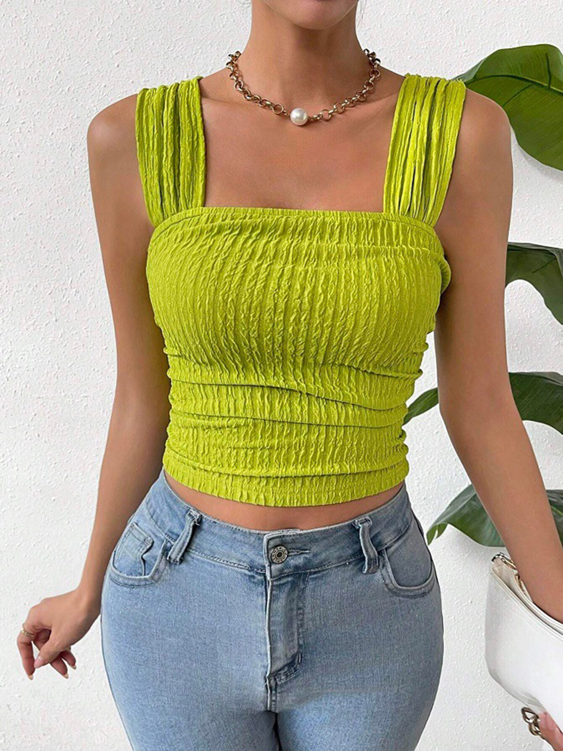 Textured Square Neck Wide Strap Tank , 10 Colors