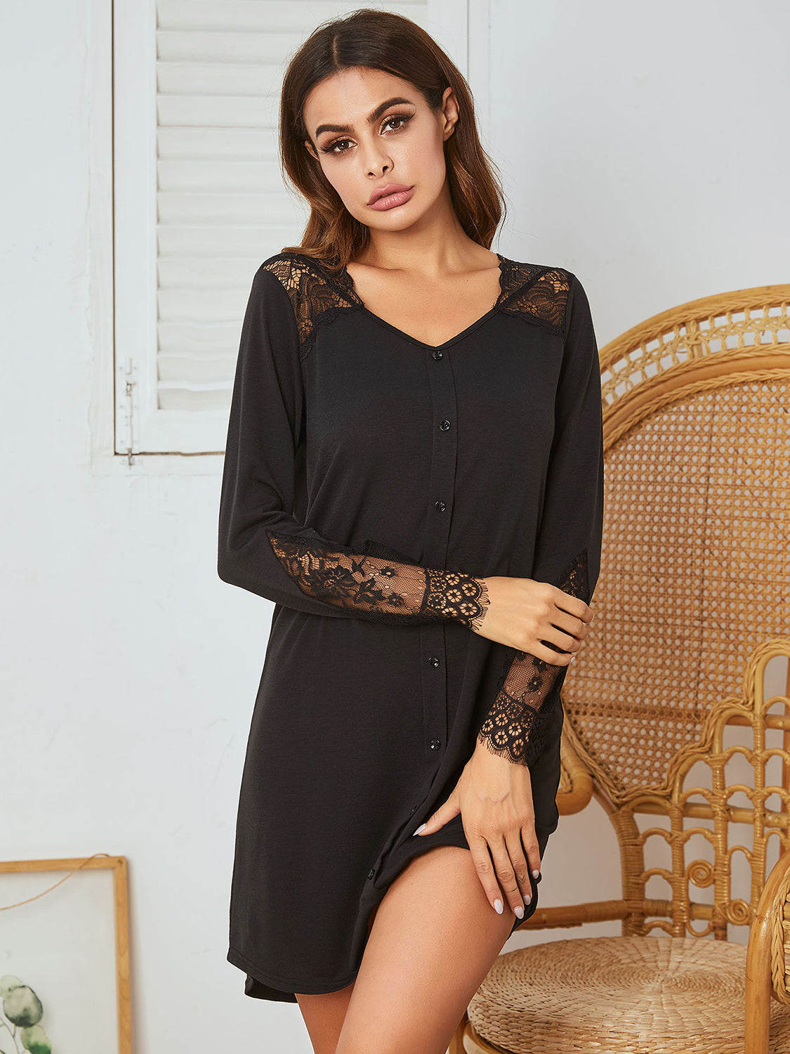 Lace Detail Long Sleeve Mini Lounge Dress, 3 Colors