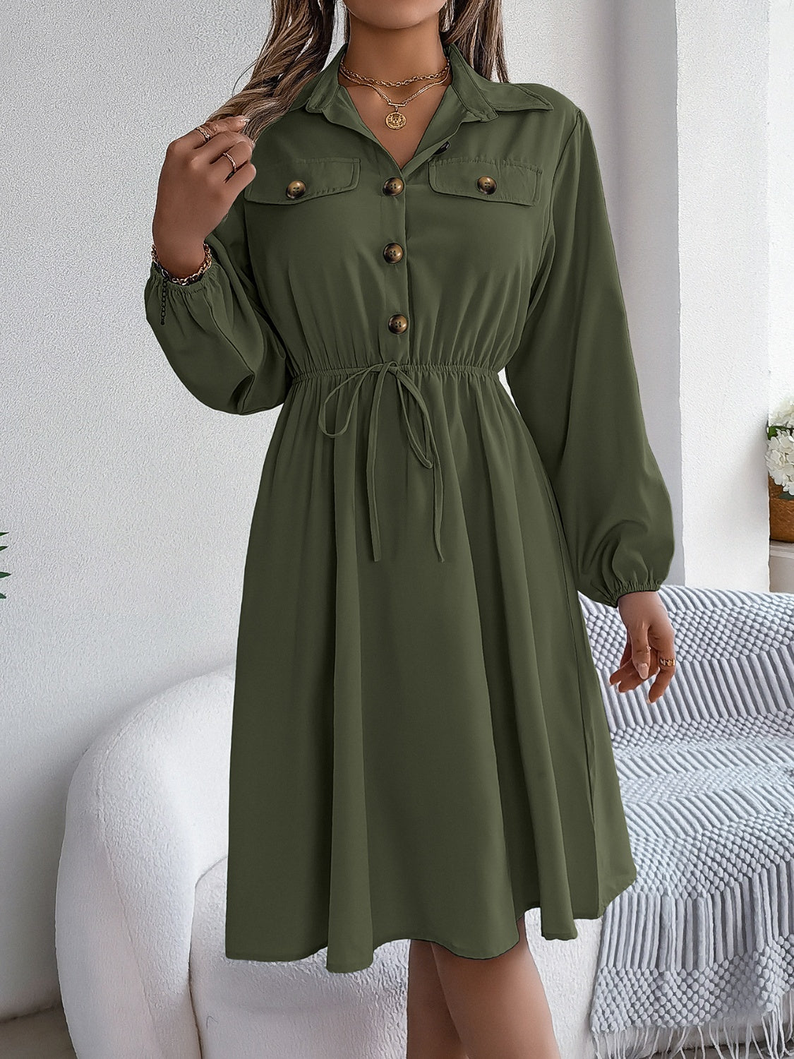 Collared Neck Long Sleeve Dress with Pockets, 5 Colors