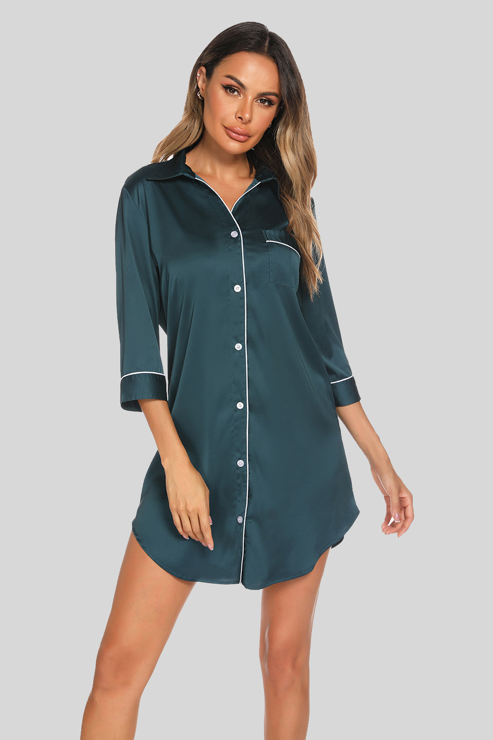 Button Up Collared Neck Night Dress with Pocket, 3 Colors