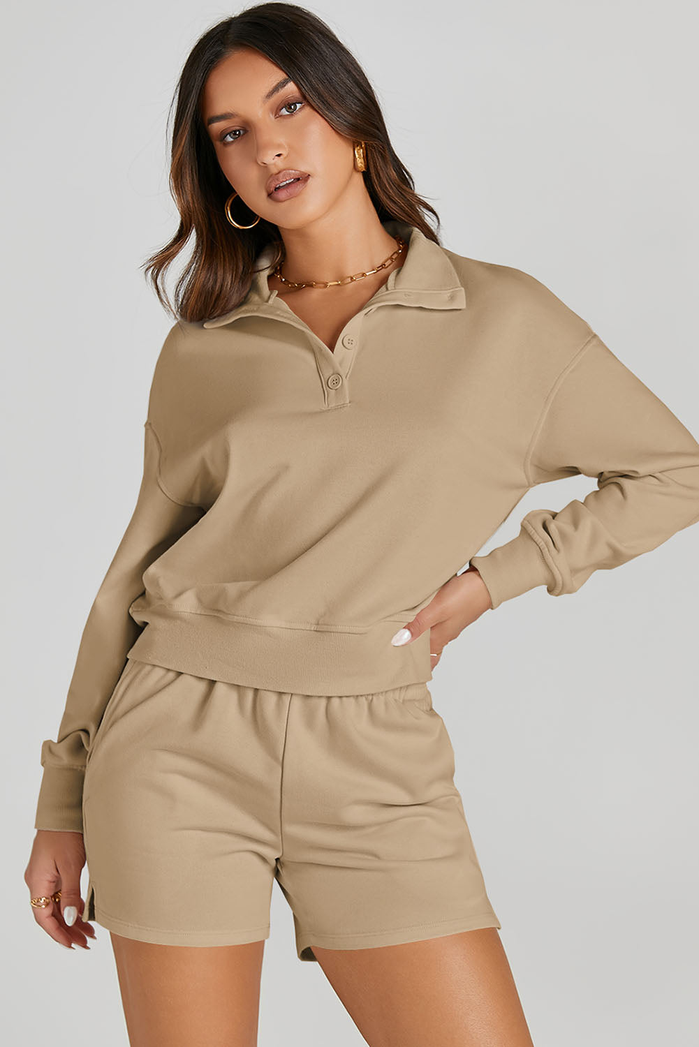 Half Button Sweatshirt and Shorts Active Set, 5 Colors