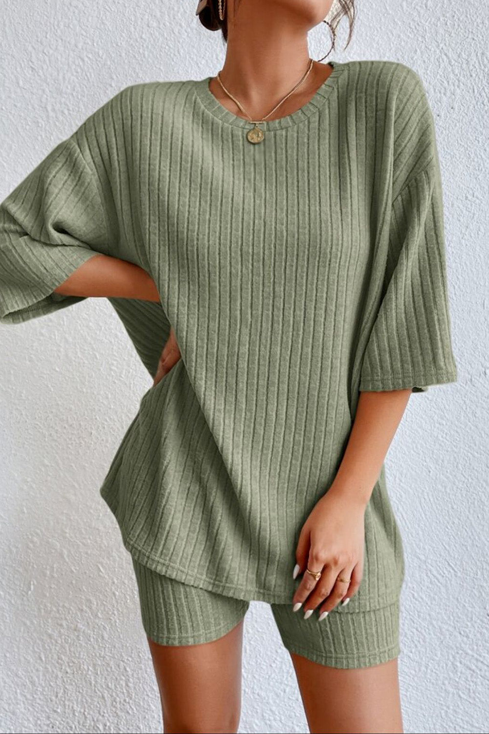 Round Neck Ribbed Top and Shorts Lounge Set, 3 Colors