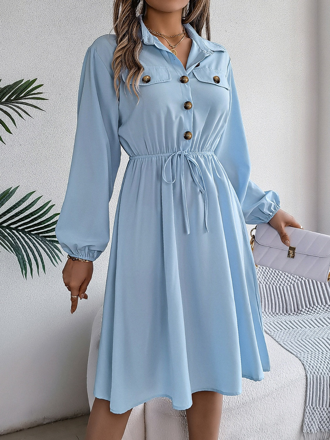 Collared Neck Long Sleeve Dress with Pockets, 5 Colors