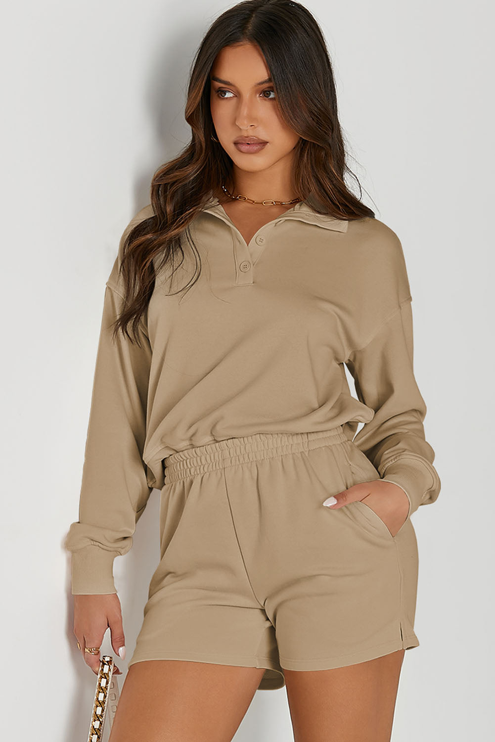 Half Button Sweatshirt and Shorts Active Set, 5 Colors