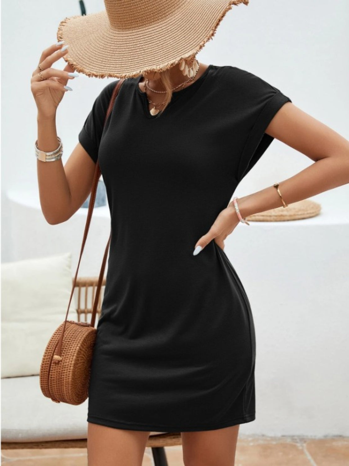 Notched Short Sleeve Mini Tee Dress, 5 Colors