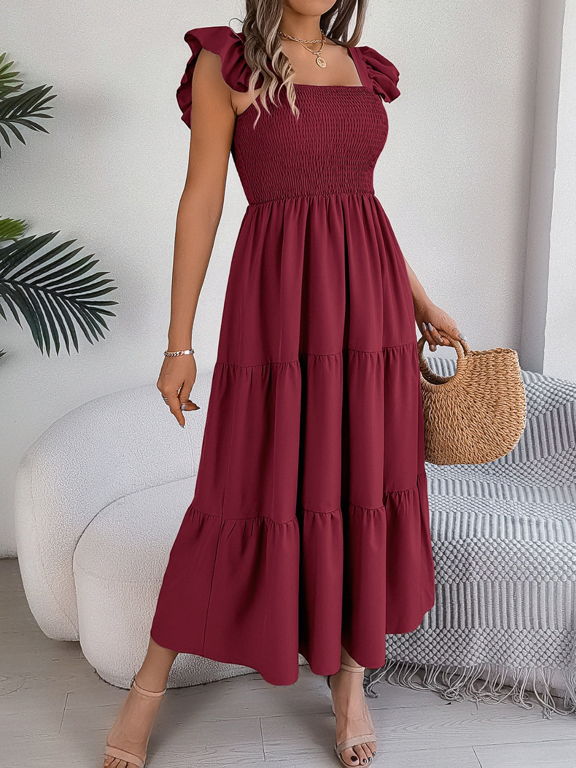 Smocked Square Neck Cap Sleeve Midi Dress, 5 Colors